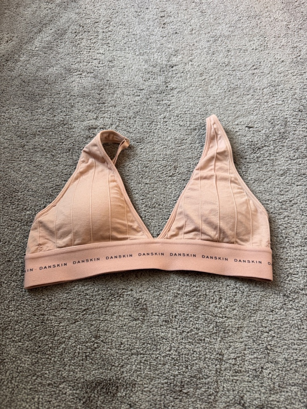 Danskin Light Peach Triangle Bralette V Neck Ribbed Stretch Logo Band SIZE L
